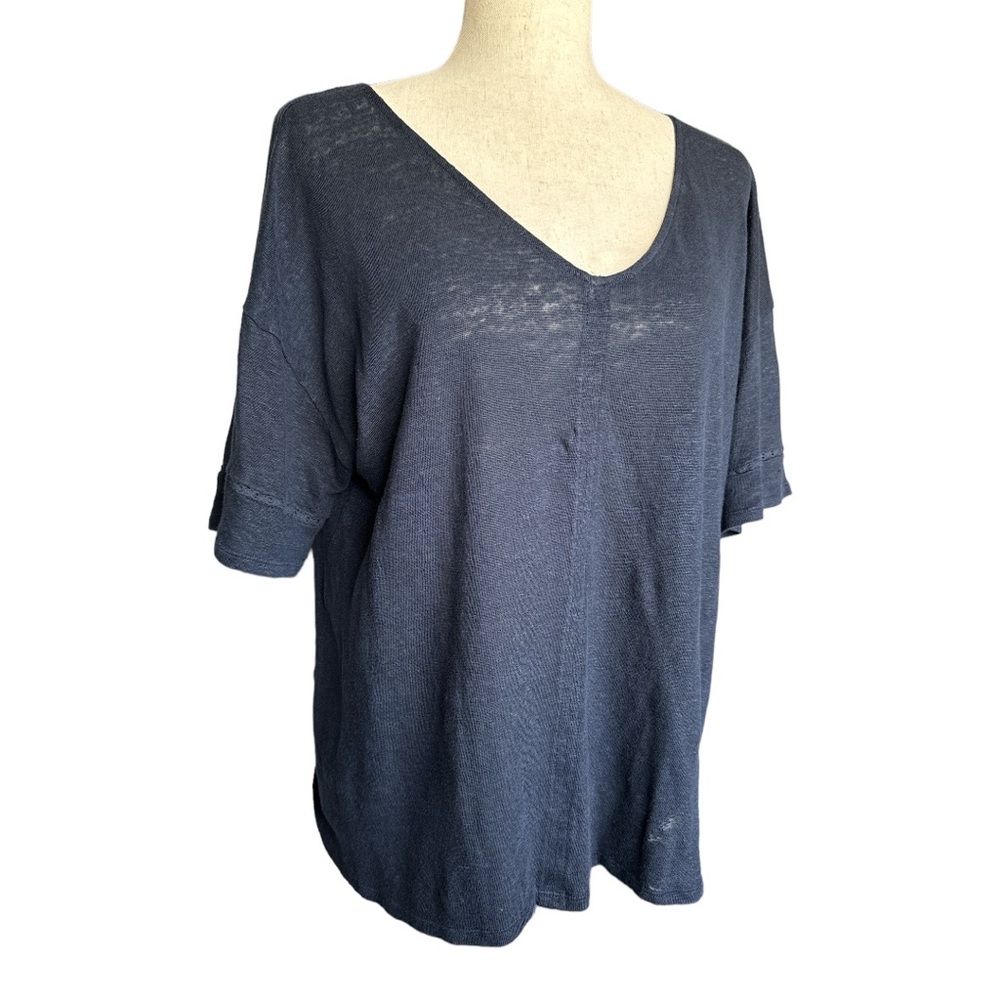 J. Jill Navy Blue V Neck Linen Knit Top Size M - Picture 2 of 9